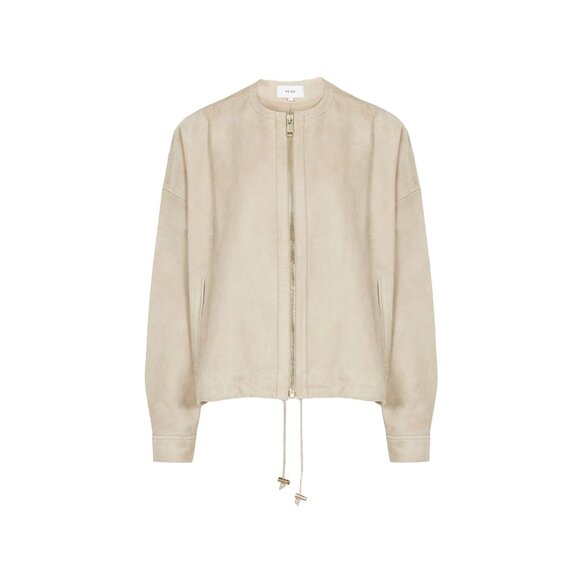 Reiss Solene Suede Bomber Jacket L Cream Tan Leather Zip-Up Designer Outerwear - Picture 1 of 9